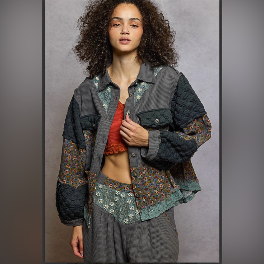POL Thermal & Quilted Patchwork Pearl,Lace & Floral Women's Shacket